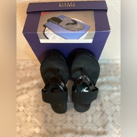 Stuart Weitzman~Black Patent Leather Thong Wedge Sandal~Matte Over Strap~Size 9 - Picture 2 of 16
